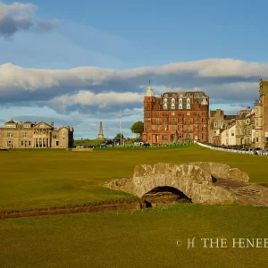 The 18th fairway with the Swilcan Bridge leading the way.